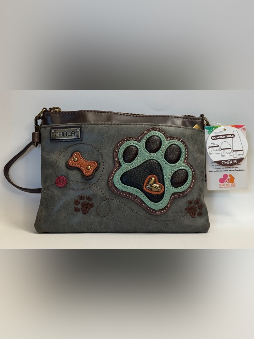 Chala Paw Print Convertible Crossbody Clutch Gray Teal NWT